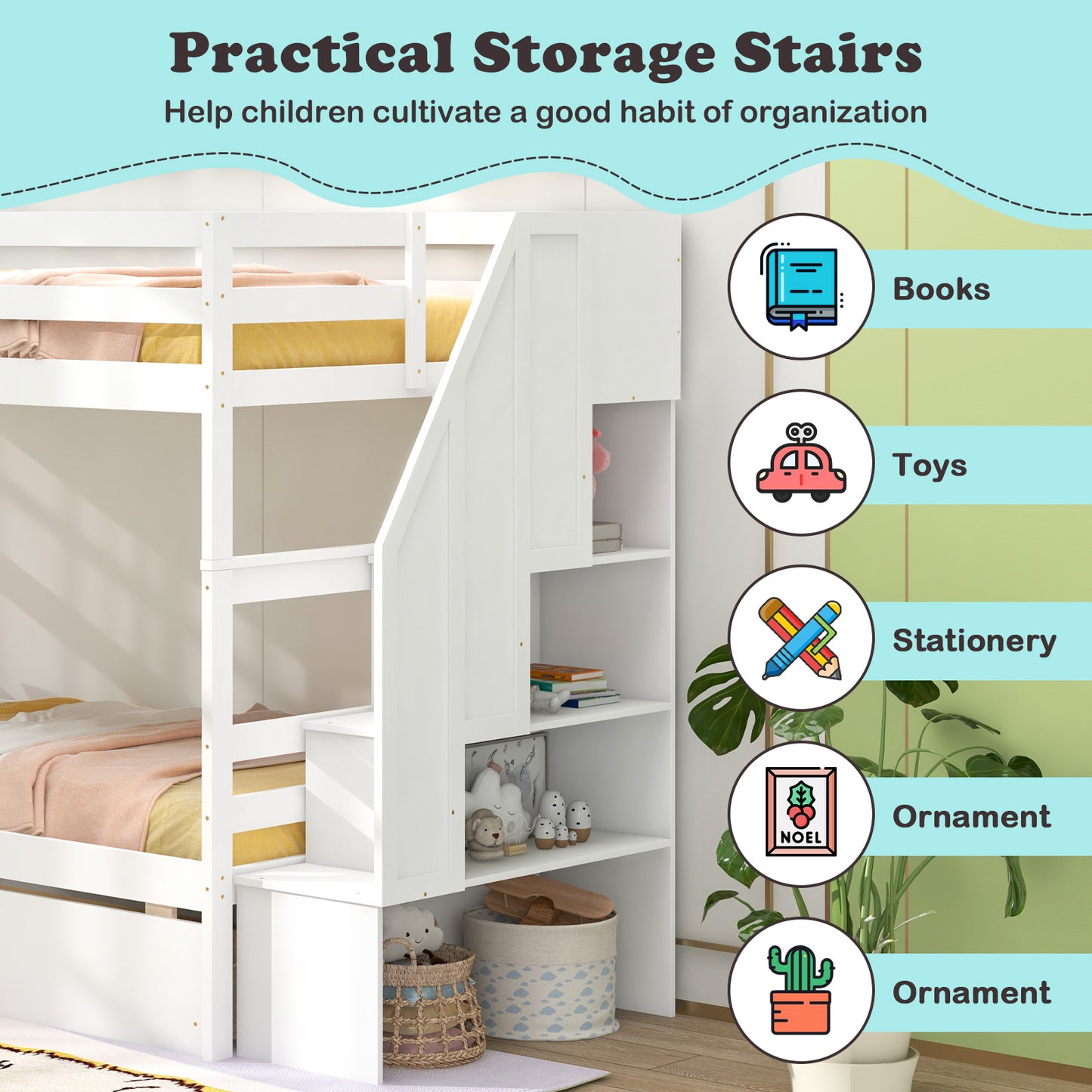 Twin Over Twin Bunk Bed with Storage Stairs and Drawers-White Kids Crystal