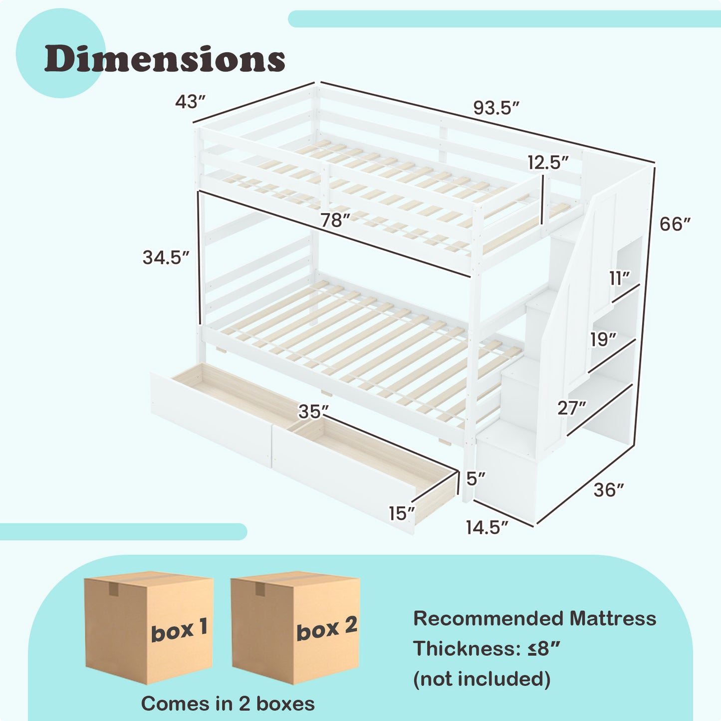 Twin Over Twin Bunk Bed with Storage Stairs and Drawers-White Kids Crystal