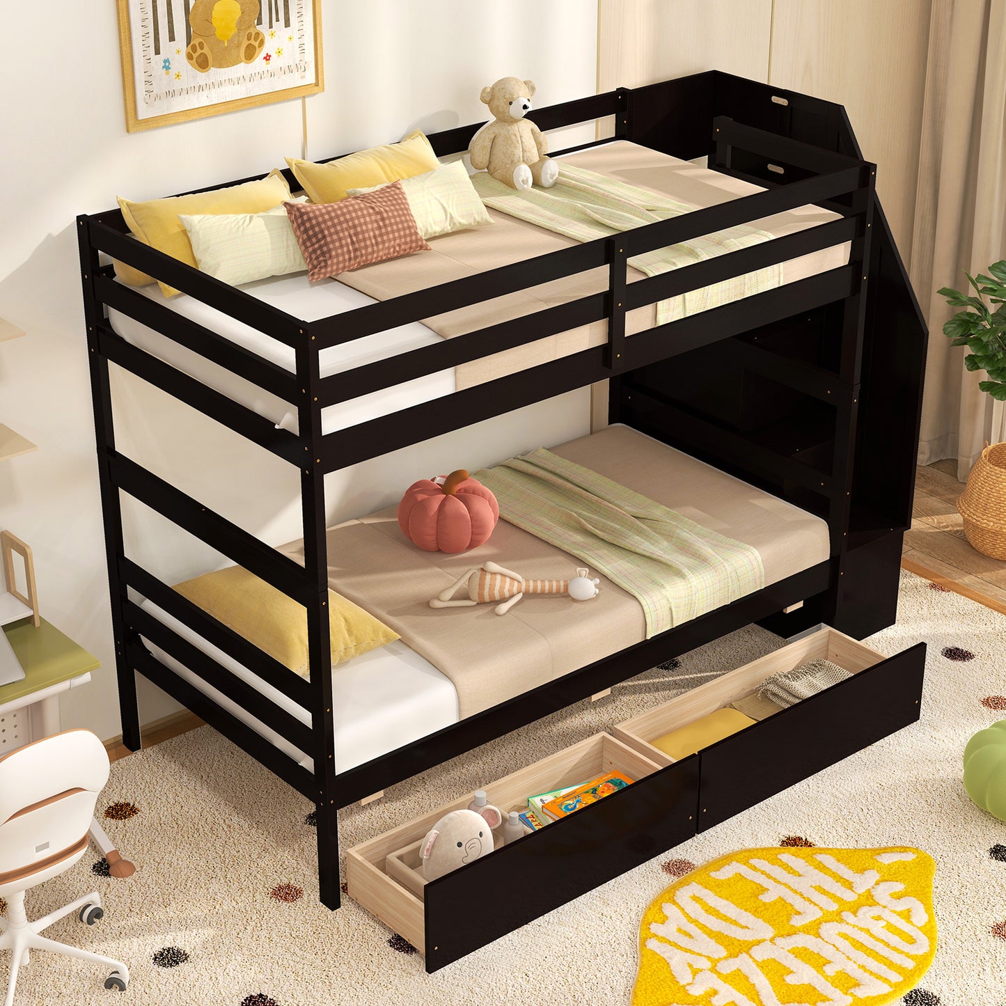 Twin Over Twin Bunk Bed with Storage Stairs and Drawers-Coffee Kids Crystal