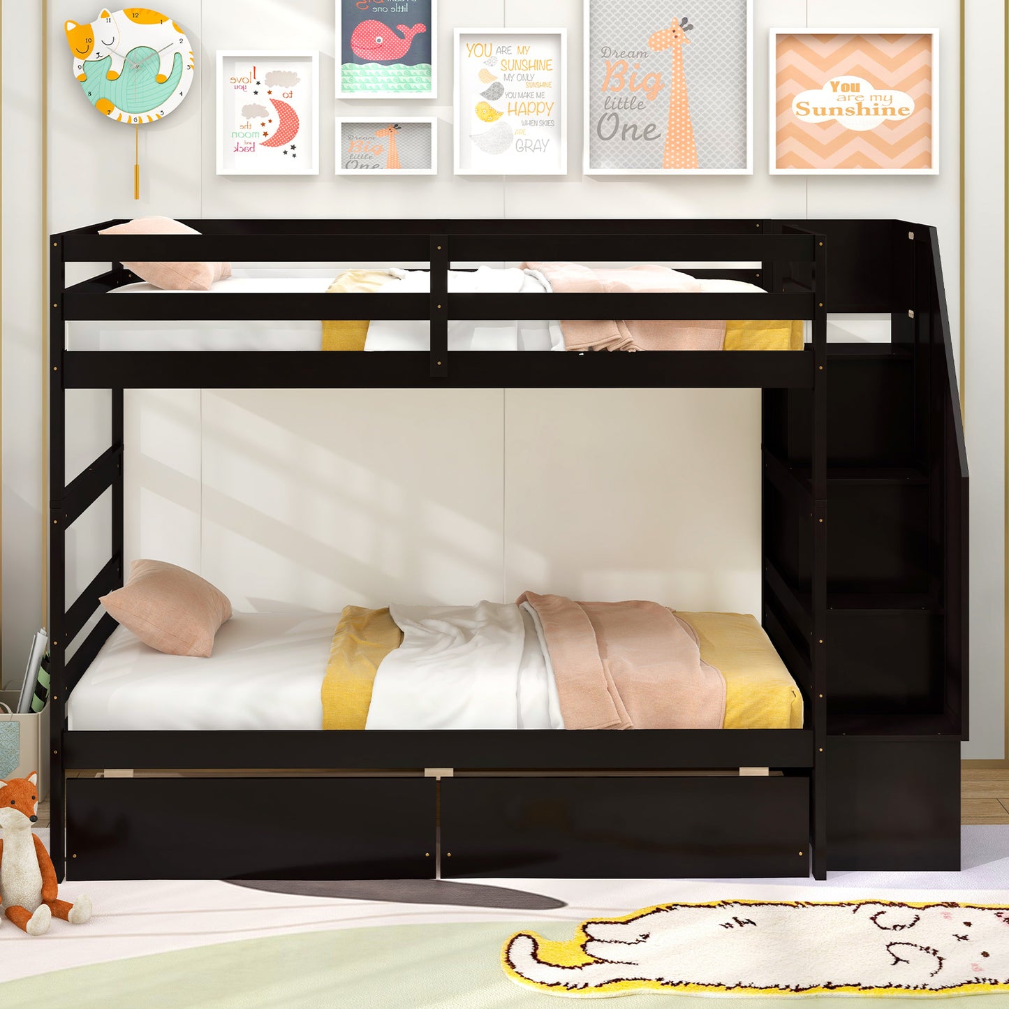 Twin Over Twin Bunk Bed with Storage Stairs and Drawers-Coffee Kids Crystal