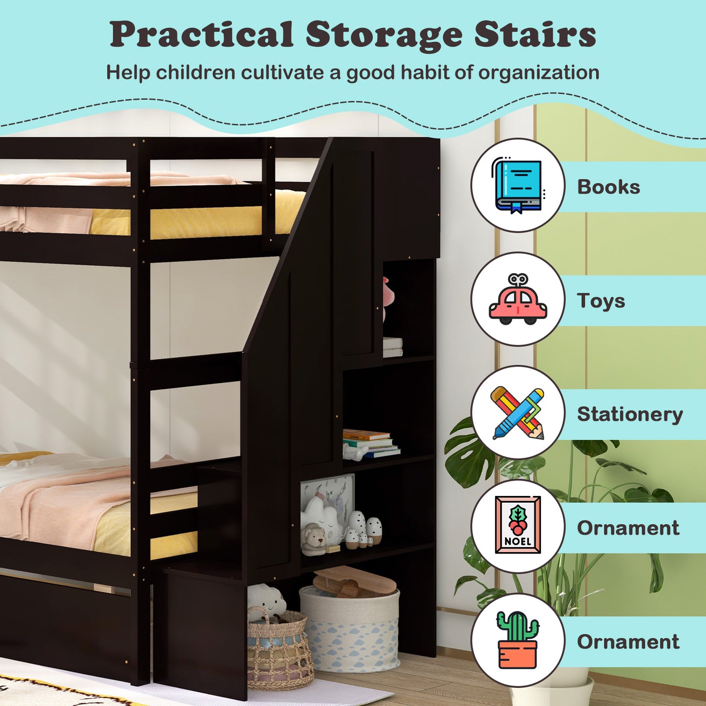 Twin Over Twin Bunk Bed with Storage Stairs and Drawers-Coffee Kids Crystal