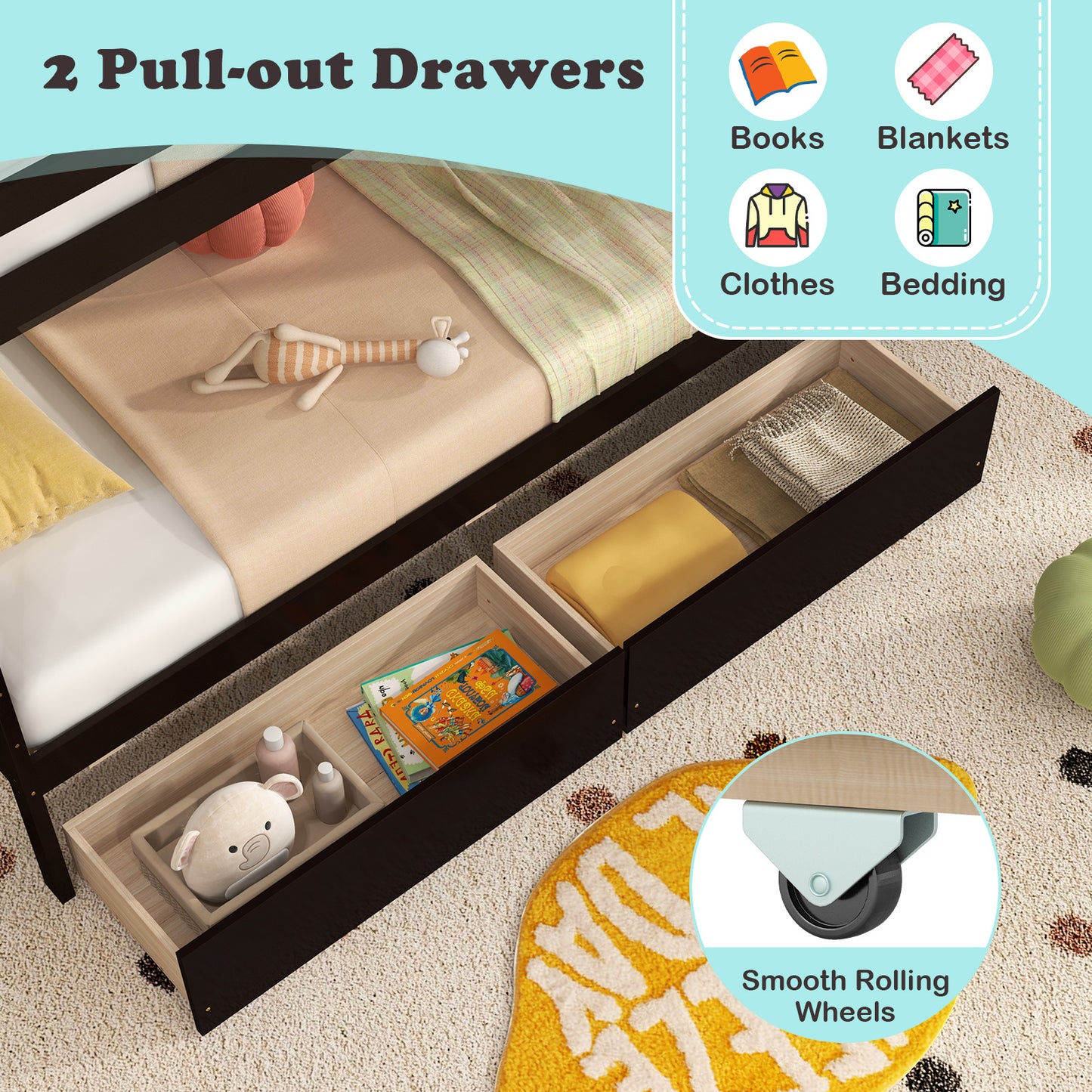 Twin Over Twin Bunk Bed with Storage Stairs and Drawers-Coffee Kids Crystal