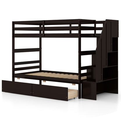 Twin Over Twin Bunk Bed with Storage Stairs and Drawers-Coffee