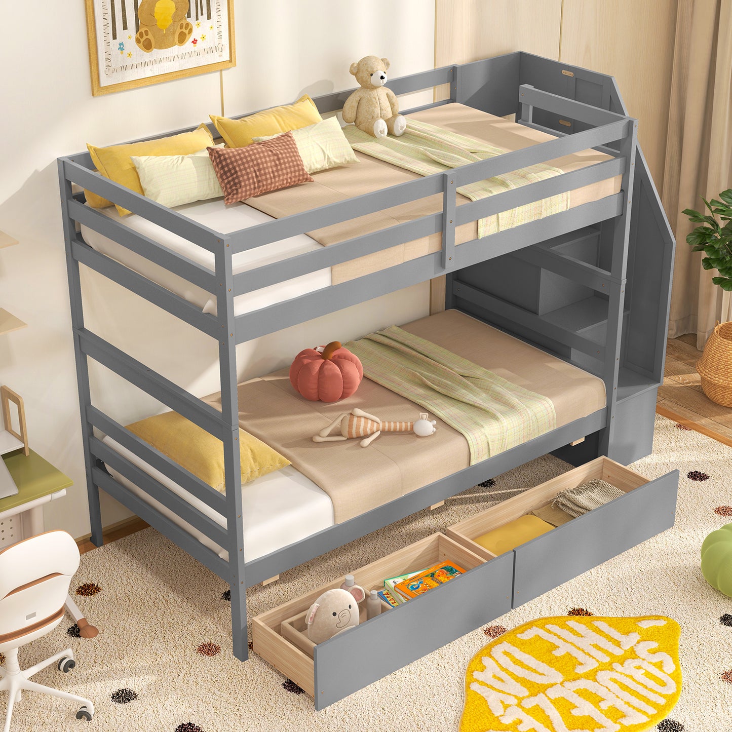 Twin Over Twin Bunk Bed with Storage Stairs and Drawers-Gray Kids Crystal