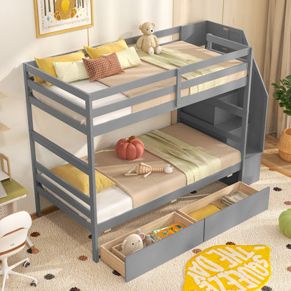 Twin Over Twin Bunk Bed with Storage Stairs and Drawers-Gray
