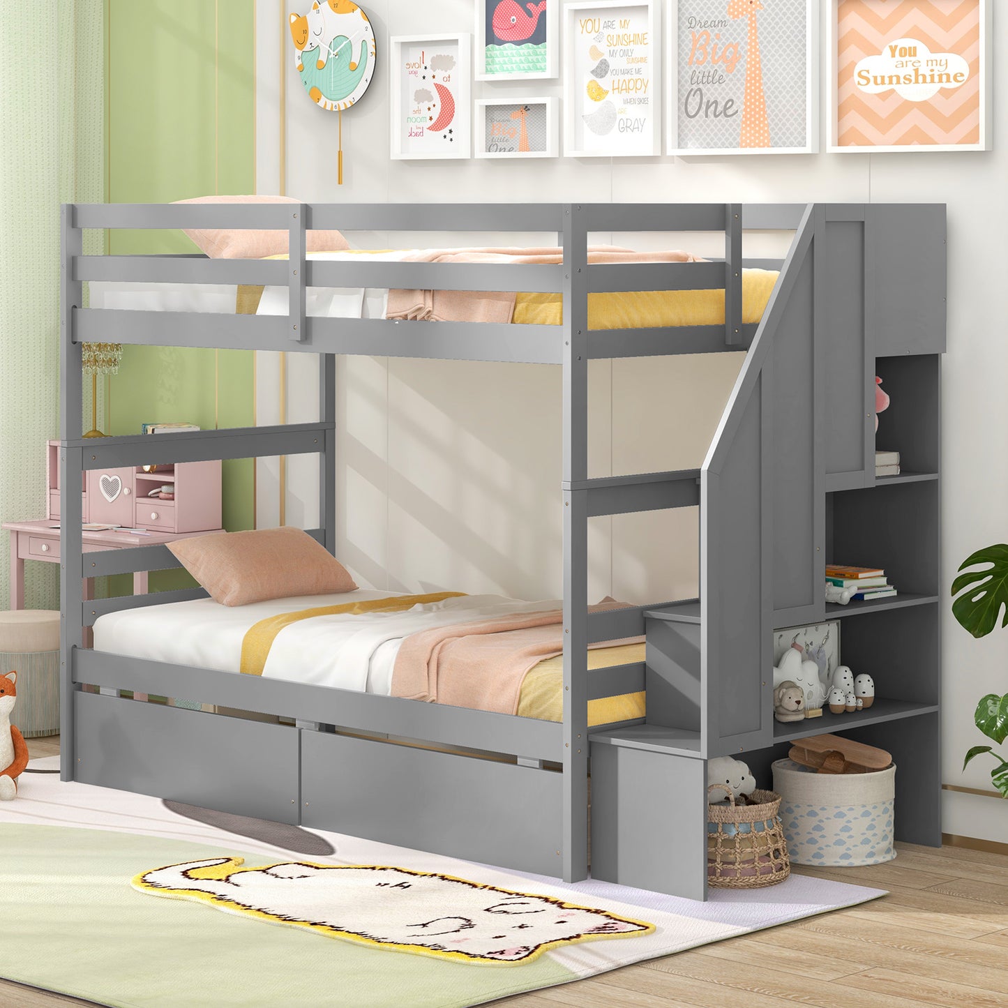 Twin Over Twin Bunk Bed with Storage Stairs and Drawers-Gray Kids Crystal