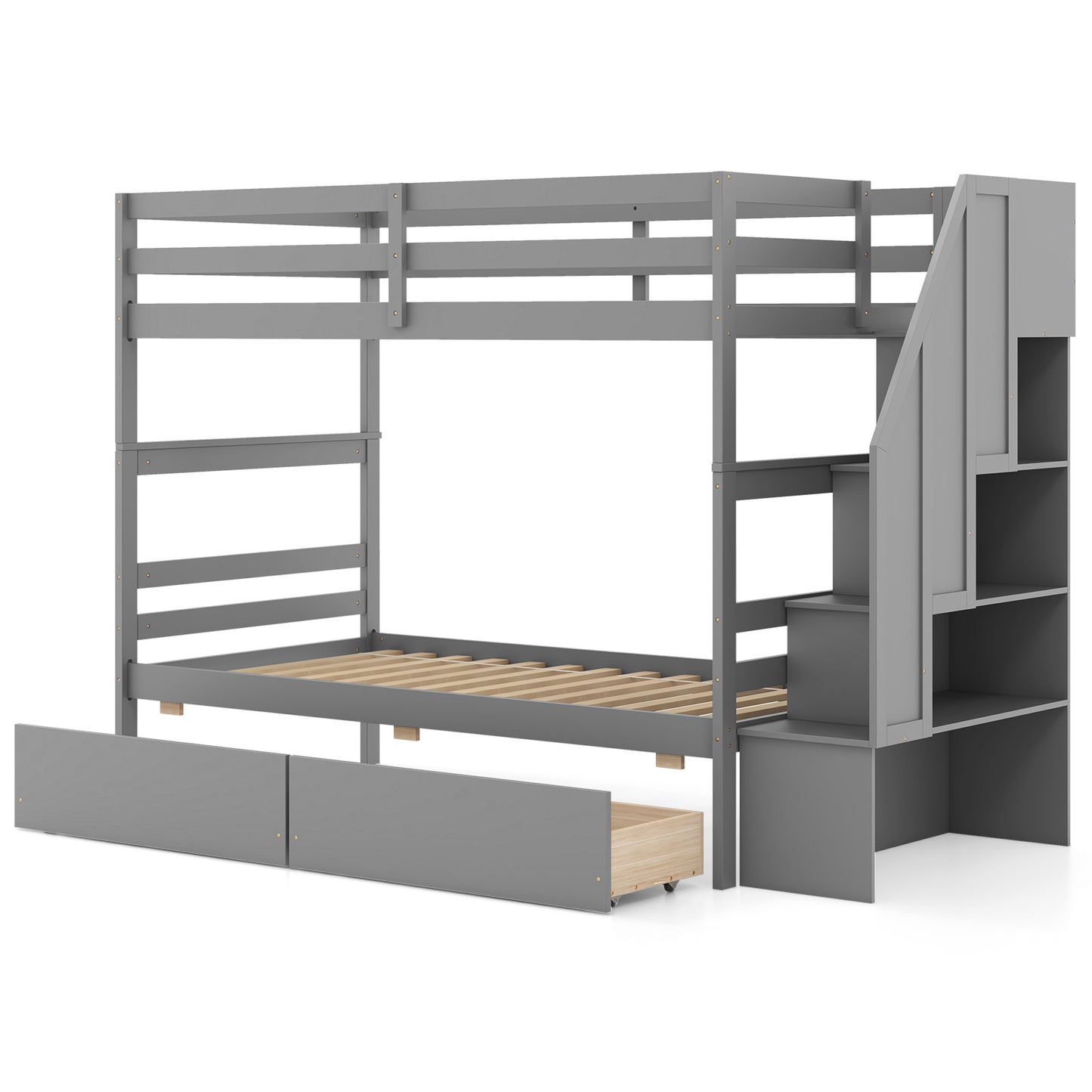 Twin Over Twin Bunk Bed with Storage Stairs and Drawers-Gray Kids Crystal