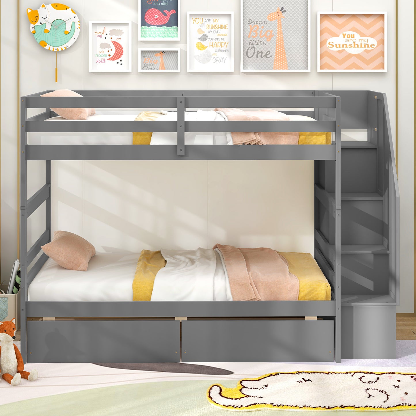 Twin Over Twin Bunk Bed with Storage Stairs and Drawers-Gray Kids Crystal