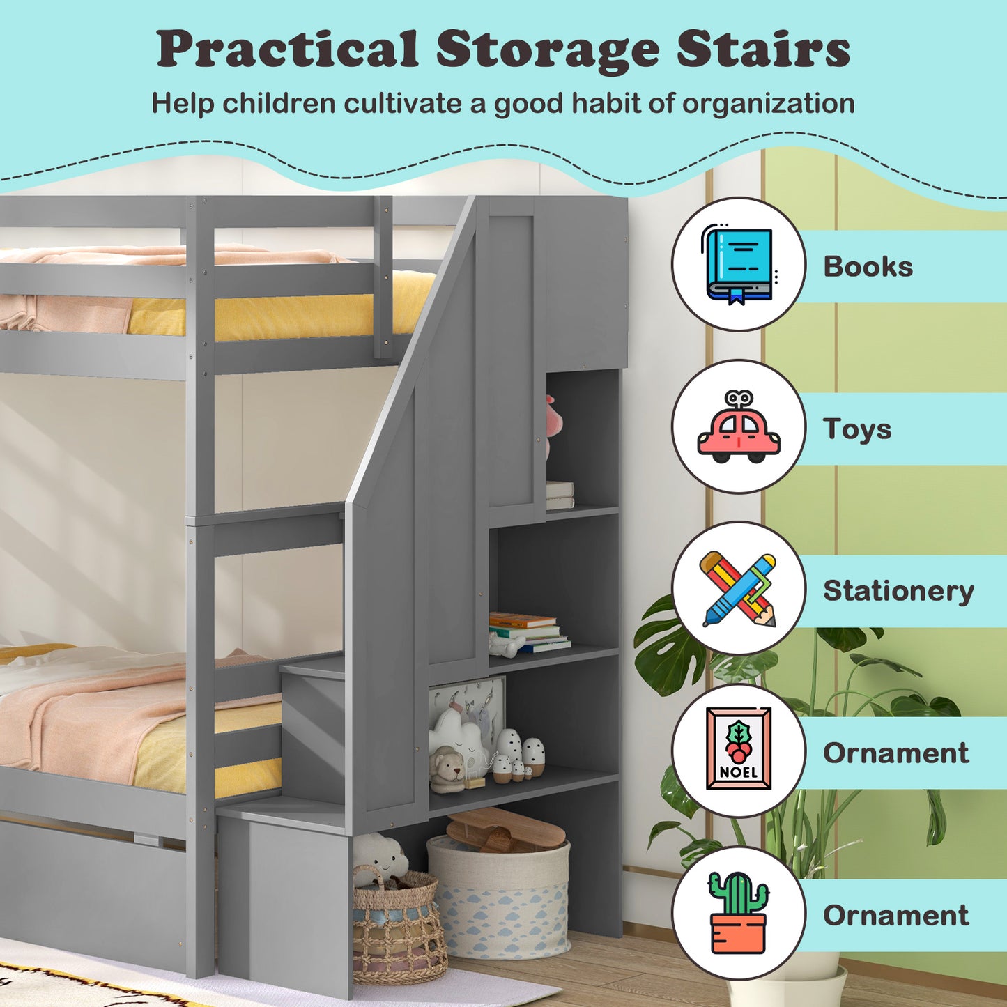 Twin Over Twin Bunk Bed with Storage Stairs and Drawers-Gray Kids Crystal