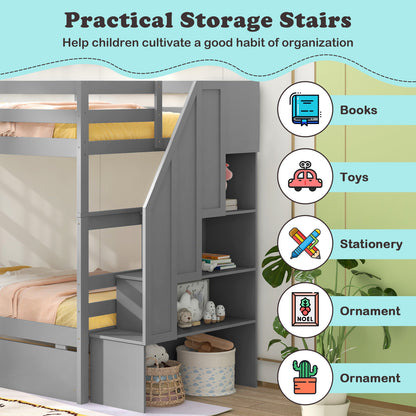 Twin Over Twin Bunk Bed with Storage Stairs and Drawers-Gray