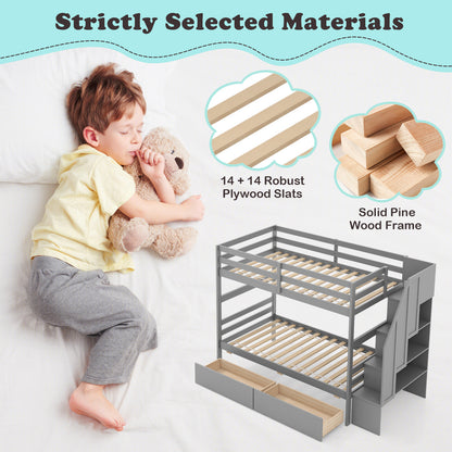 Twin Over Twin Bunk Bed with Storage Stairs and Drawers-Gray