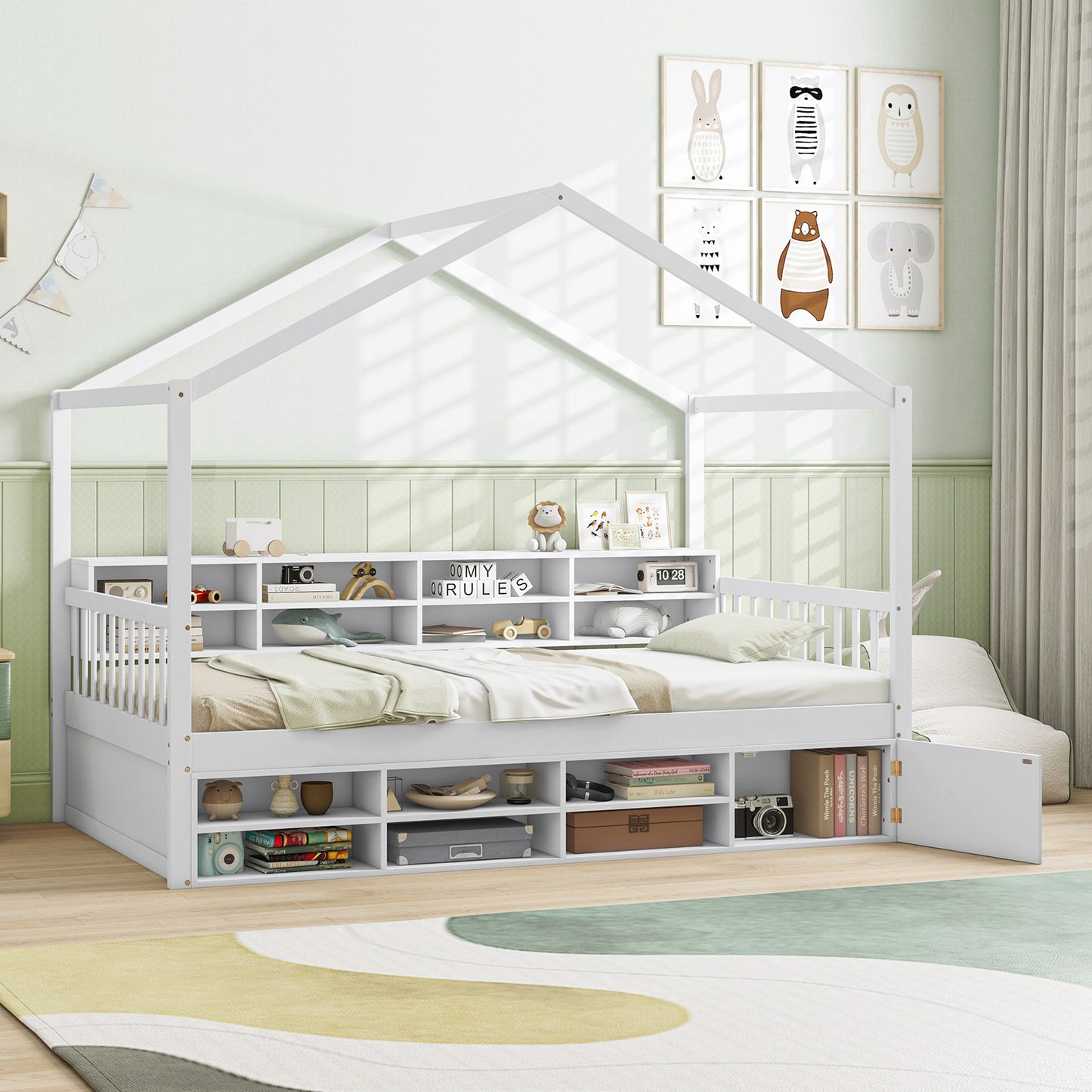 Twin Size House Bed with Roof with 14 Storage Cubes and Enclosed Cabinet-White Kids Crystal