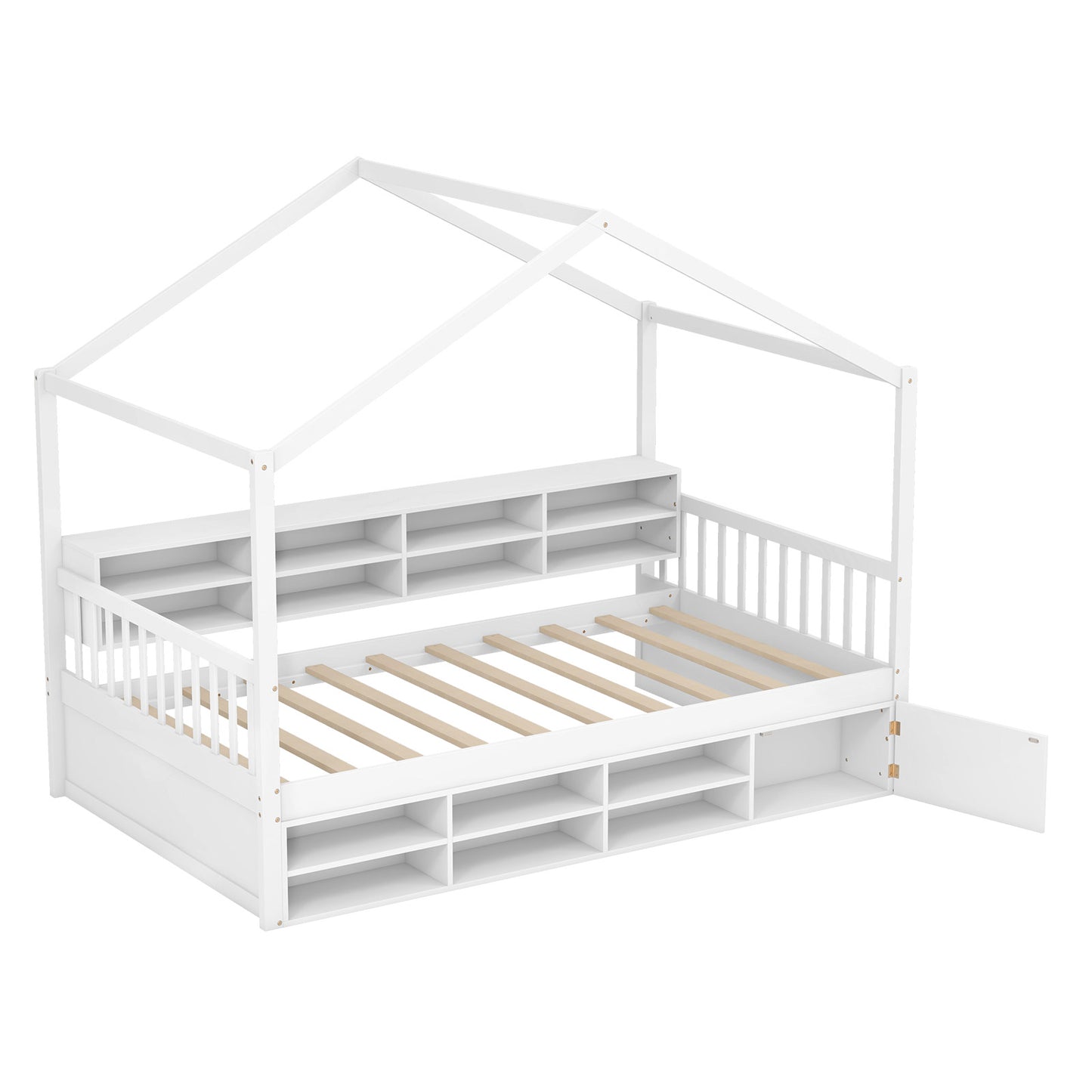 Twin Size House Bed with Roof with 14 Storage Cubes and Enclosed Cabinet-White Kids Crystal