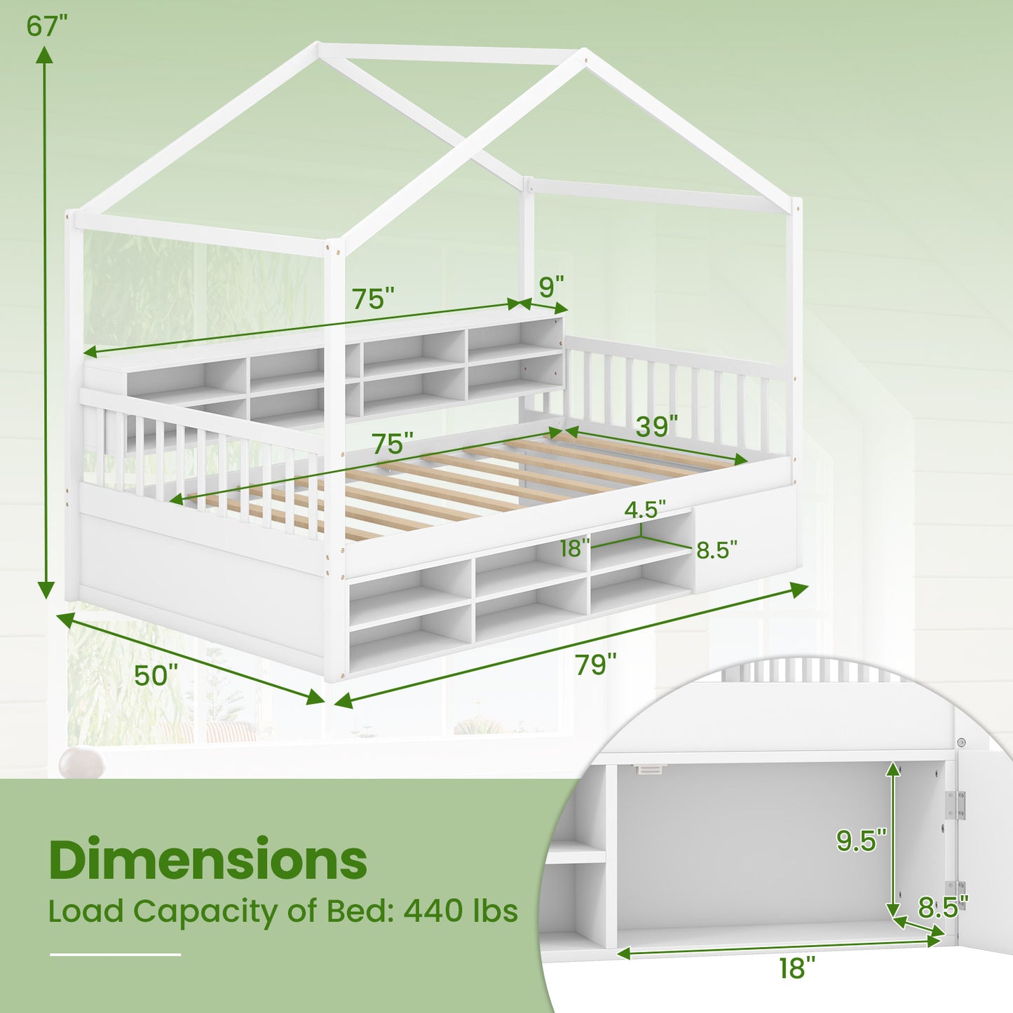 Twin Size House Bed with Roof with 14 Storage Cubes and Enclosed Cabinet-White Kids Crystal