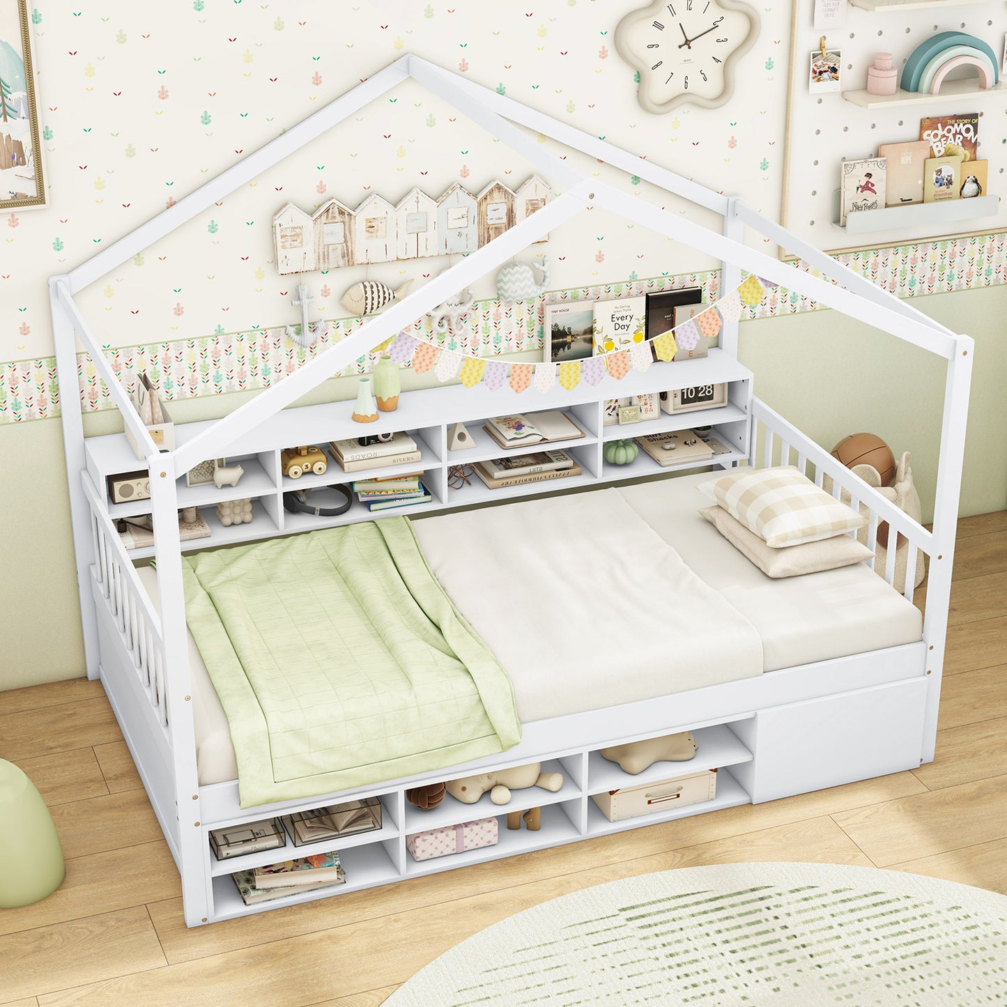Twin Size House Bed with Roof with 14 Storage Cubes and Enclosed Cabinet-White Kids Crystal