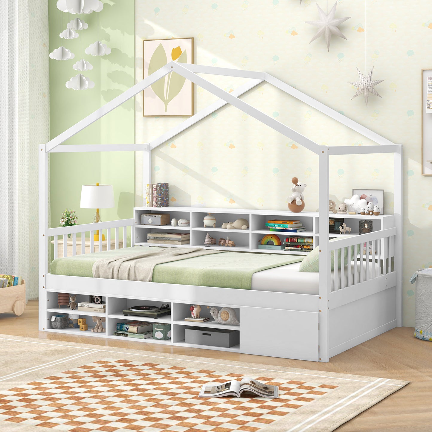 Twin Size House Bed with Roof with 14 Storage Cubes and Enclosed Cabinet-White Kids Crystal