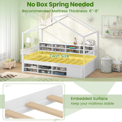 Twin Size House Bed with Roof with 14 Storage Cubes and Enclosed Cabinet-White