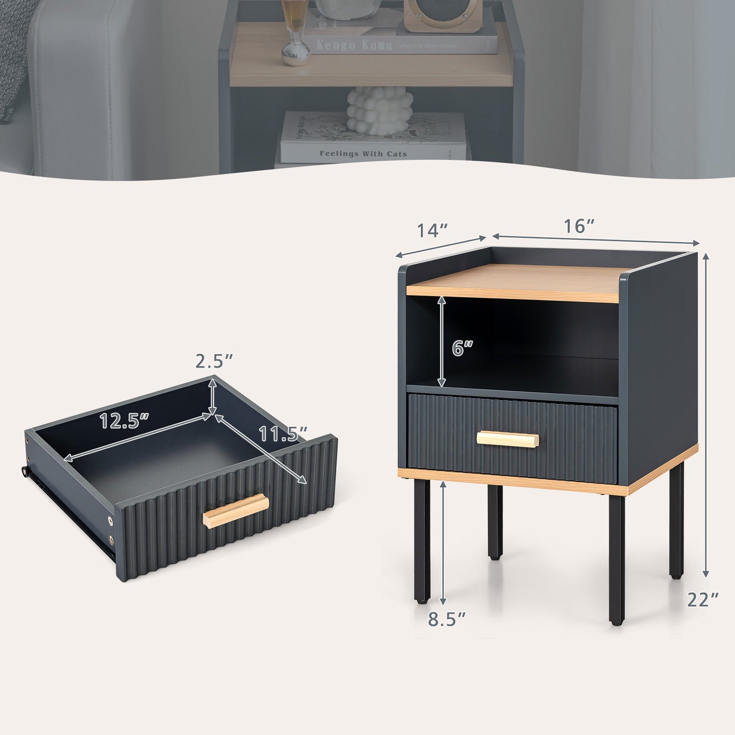 Nightstand Bedside End Table with Drawer and Open Shelf for Living Room Bedroom-Gray Kids Crystal