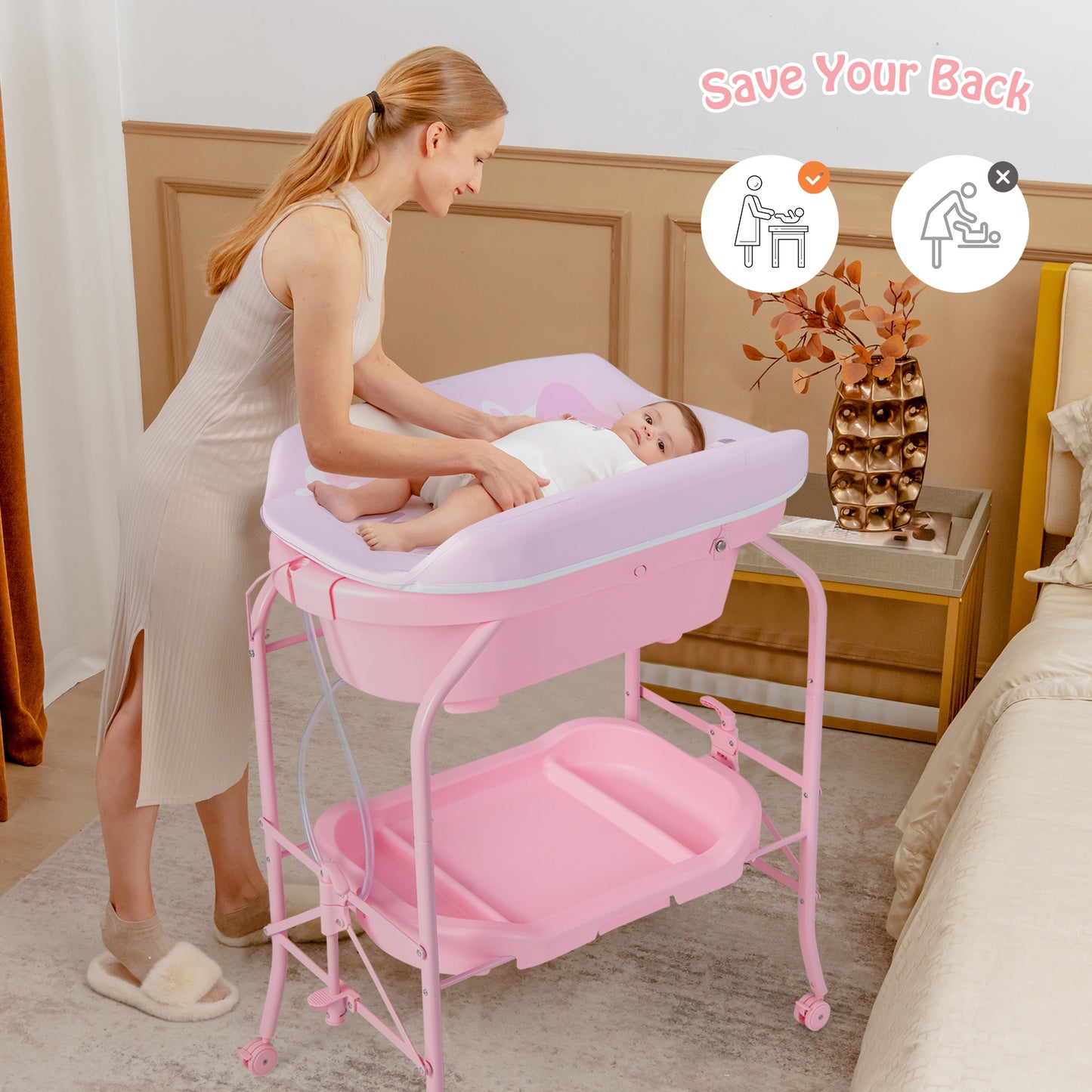 Folding Baby Changing Table with Bathtub and 4 Universal Wheels-Pink Kids Crystal
