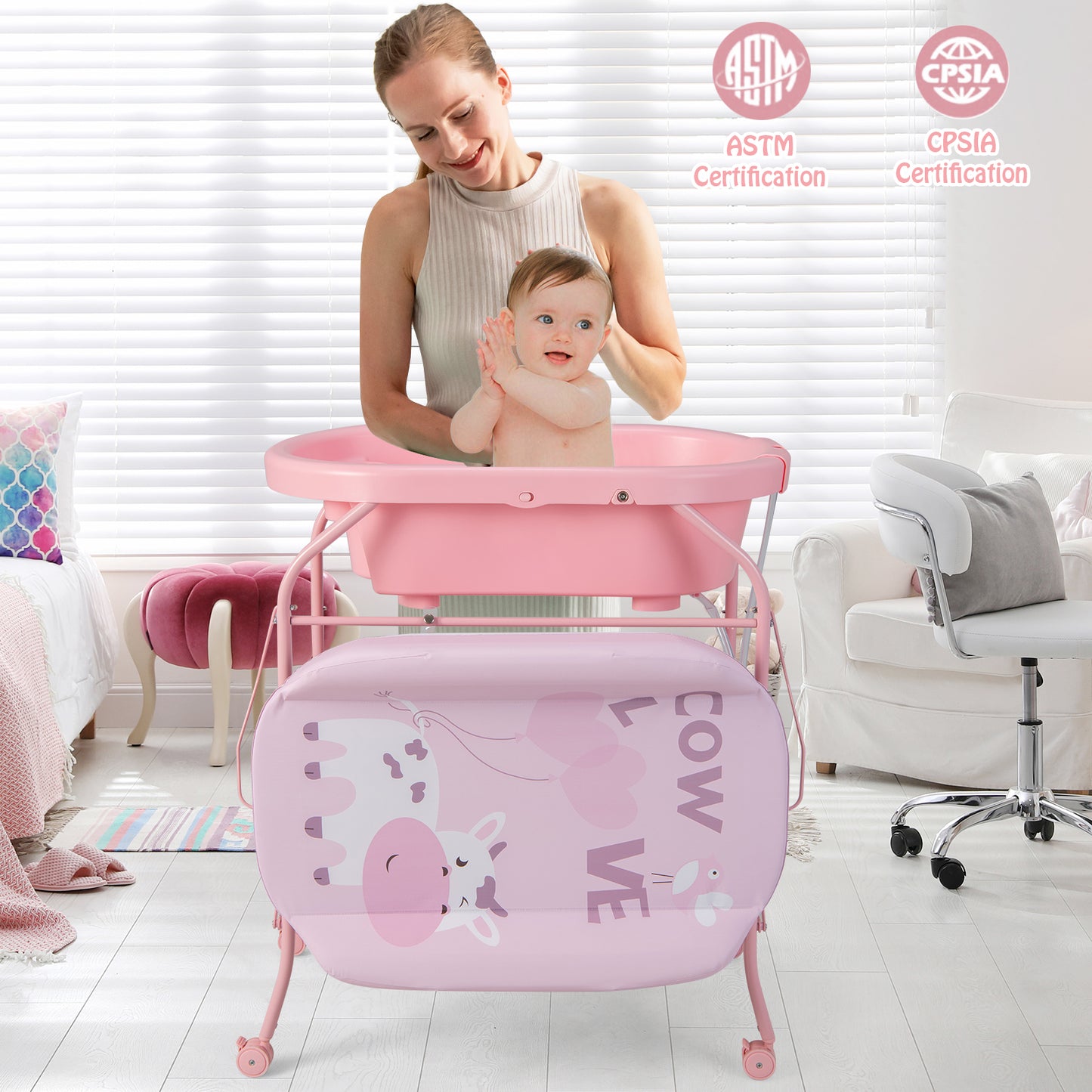 Folding Baby Changing Table with Bathtub and 4 Universal Wheels-Pink Kids Crystal