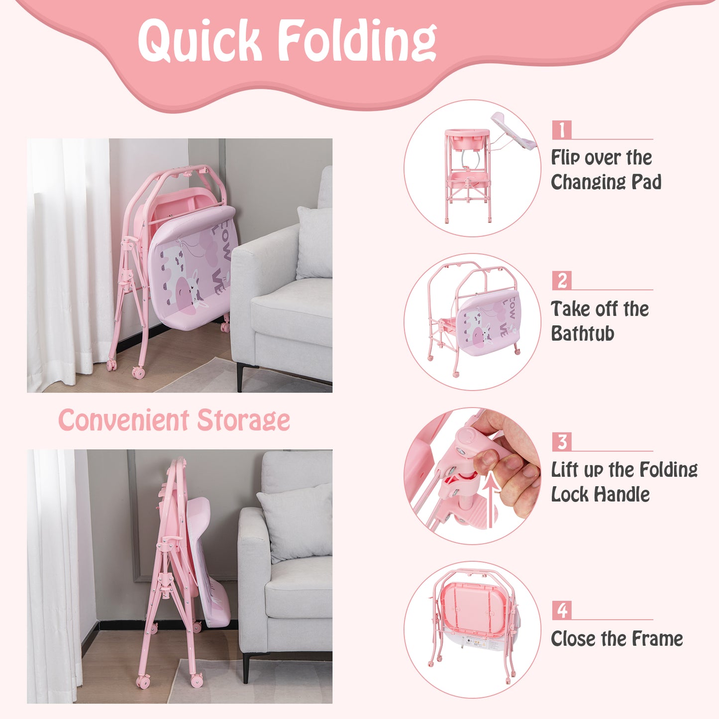Folding Baby Changing Table with Bathtub and 4 Universal Wheels-Pink Kids Crystal
