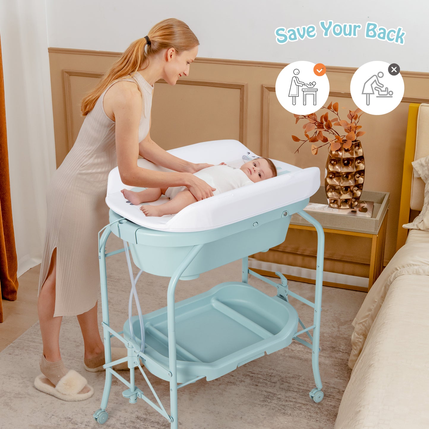 Folding Baby Changing Table with Bathtub and 4 Universal Wheels-Blue Kids Crystal
