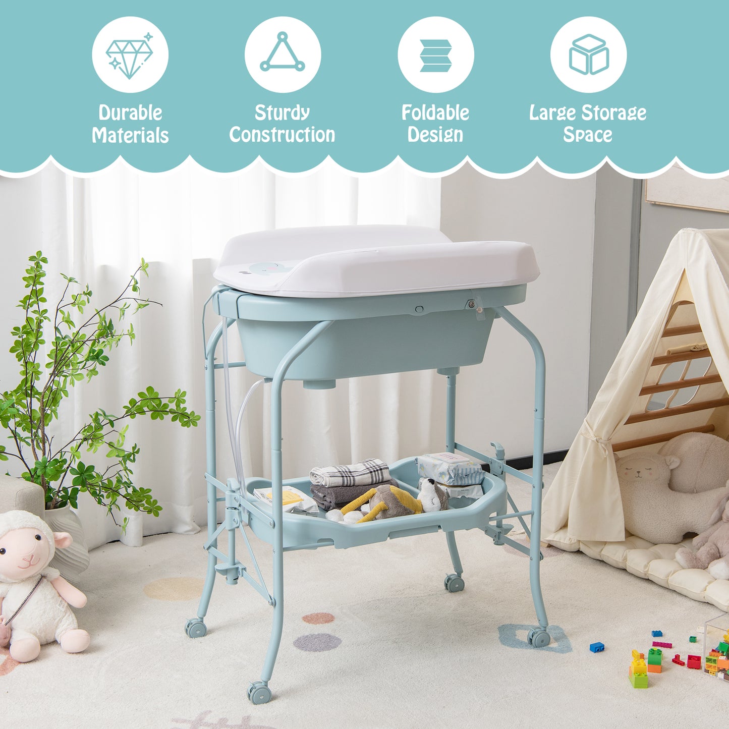 Folding Baby Changing Table with Bathtub and 4 Universal Wheels-Blue Kids Crystal