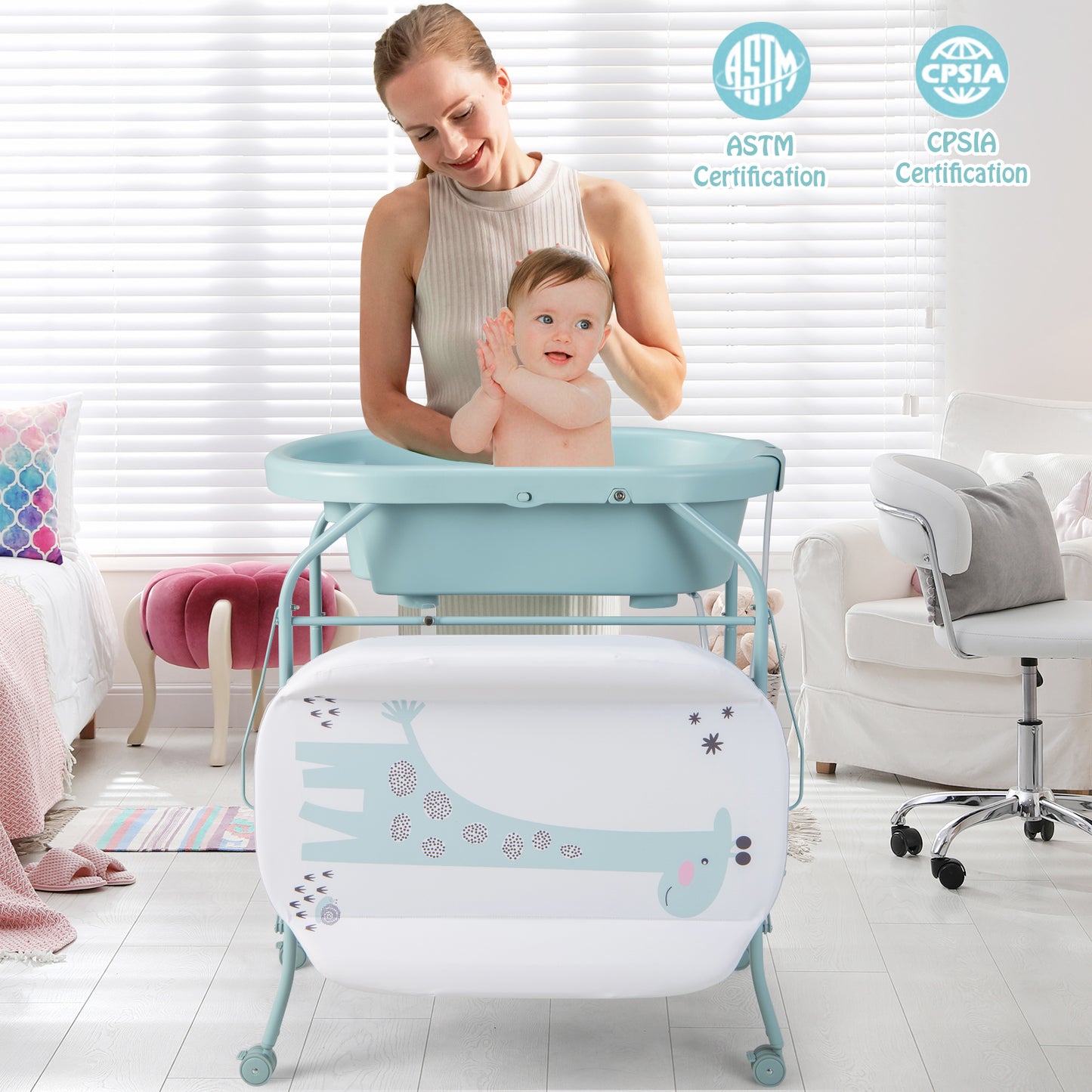 Folding Baby Changing Table with Bathtub and 4 Universal Wheels-Blue Kids Crystal