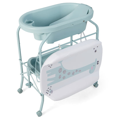 Folding Baby Changing Table with Bathtub and 4 Universal Wheels-Blue
