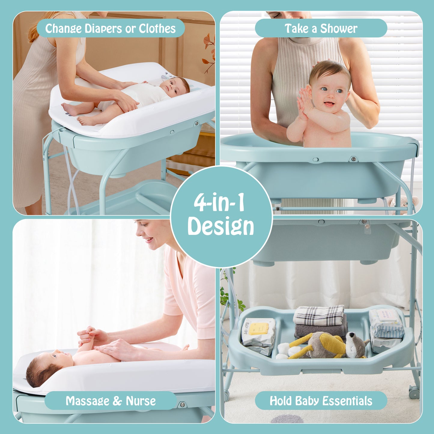 Folding Baby Changing Table with Bathtub and 4 Universal Wheels-Blue Kids Crystal
