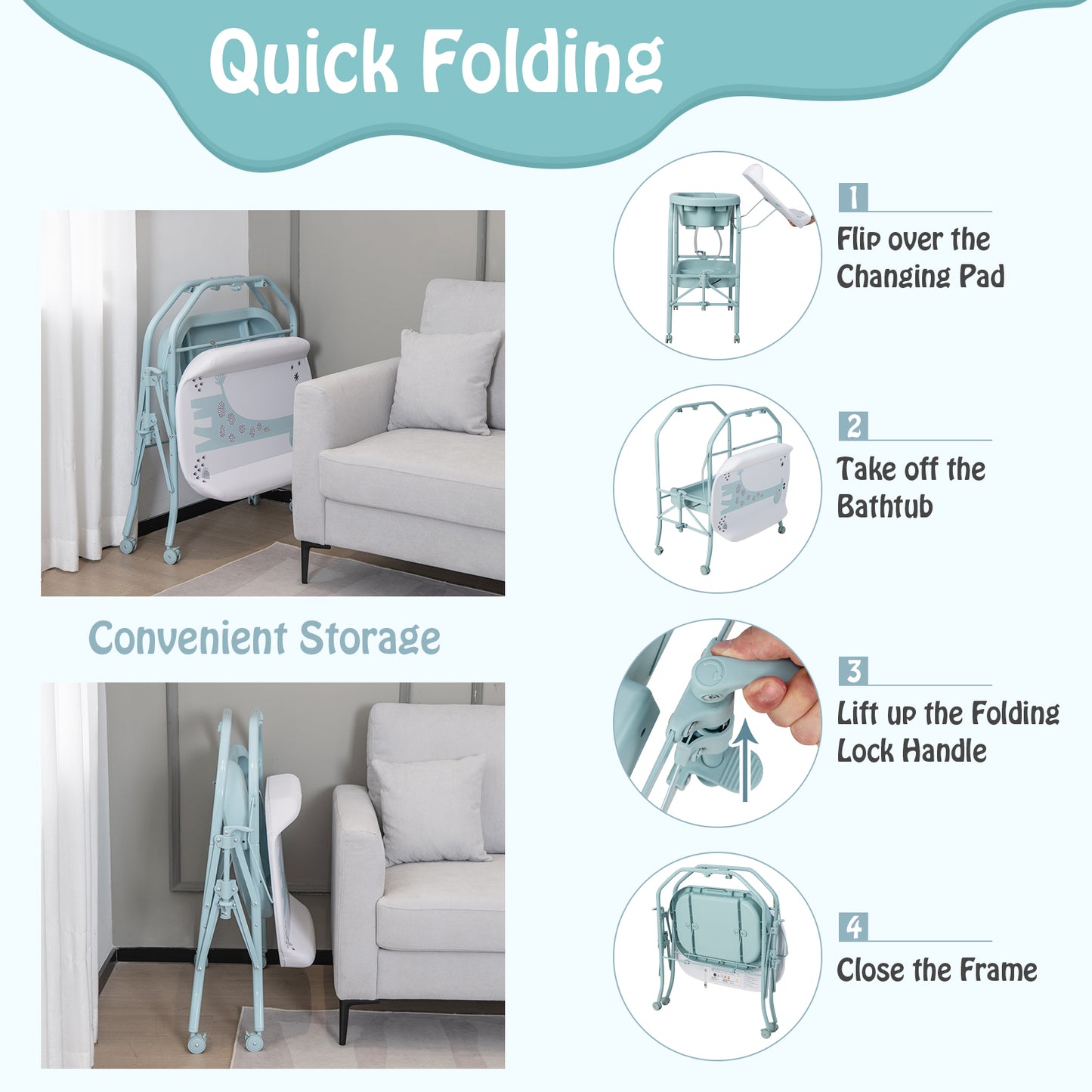Folding Baby Changing Table with Bathtub and 4 Universal Wheels-Blue Kids Crystal