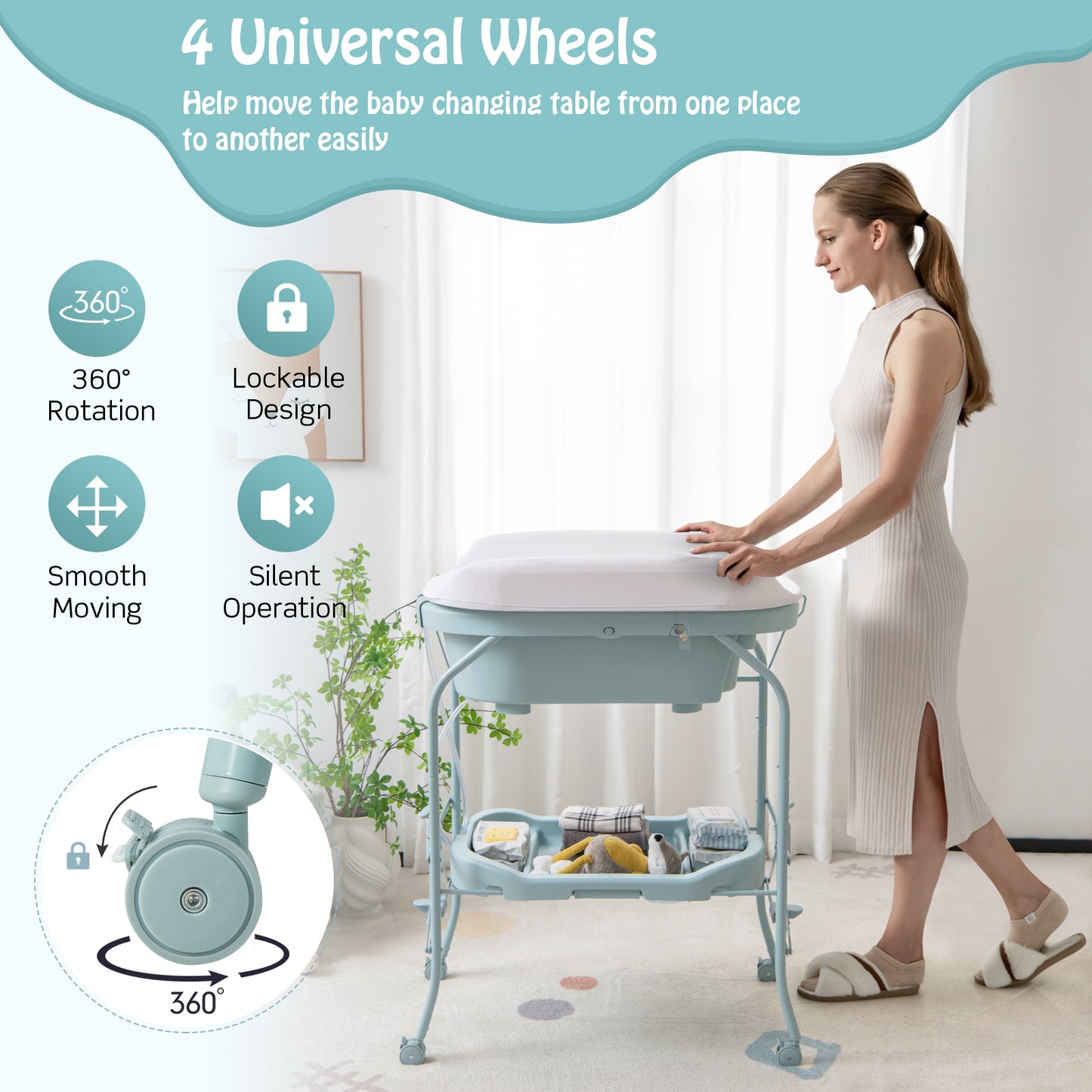 Folding Baby Changing Table with Bathtub and 4 Universal Wheels-Blue Kids Crystal