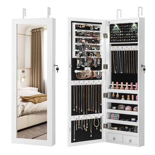 Lockable Wall Mount Mirrored Jewelry Cabinet with LED Lights-White Kids Crystal