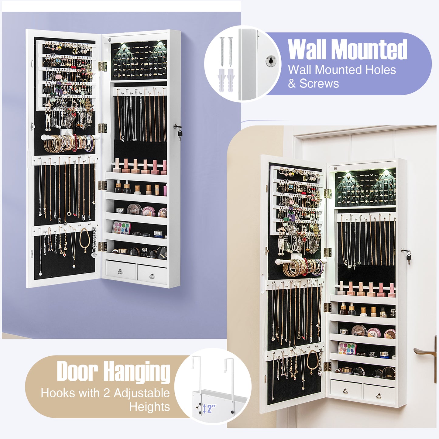 Lockable Wall Mount Mirrored Jewelry Cabinet with LED Lights-White Kids Crystal