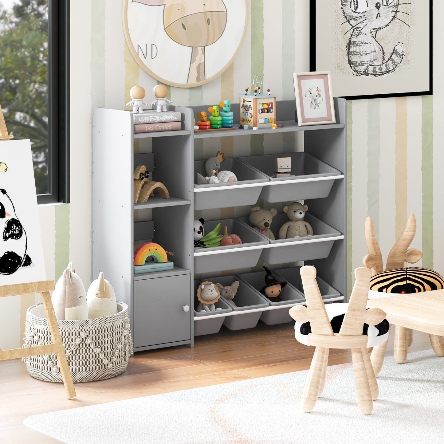 4-Tier Kids Bookshelf and Toy Storage Rack with 8 Toy Organizer Bins-Grey Kids Crystal
