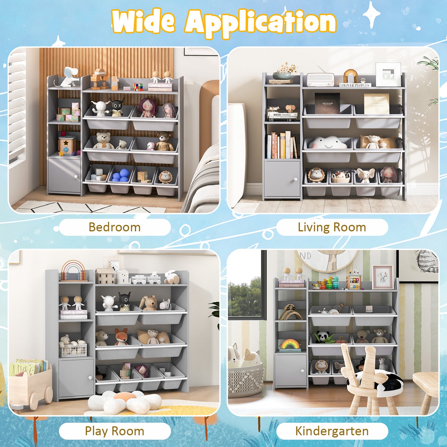 4-Tier Kids Bookshelf and Toy Storage Rack with 8 Toy Organizer Bins-Grey Kids Crystal