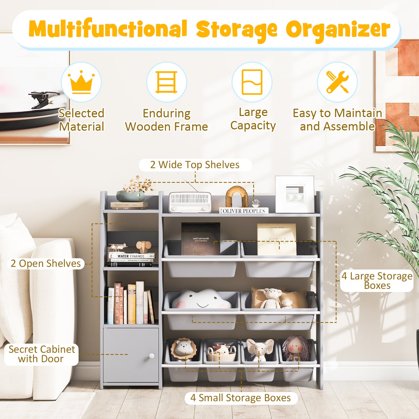 4-Tier Kids Bookshelf and Toy Storage Rack with 8 Toy Organizer Bins-Grey Kids Crystal