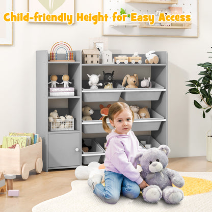 4-Tier Kids Bookshelf and Toy Storage Rack with 8 Toy Organizer Bins-Grey