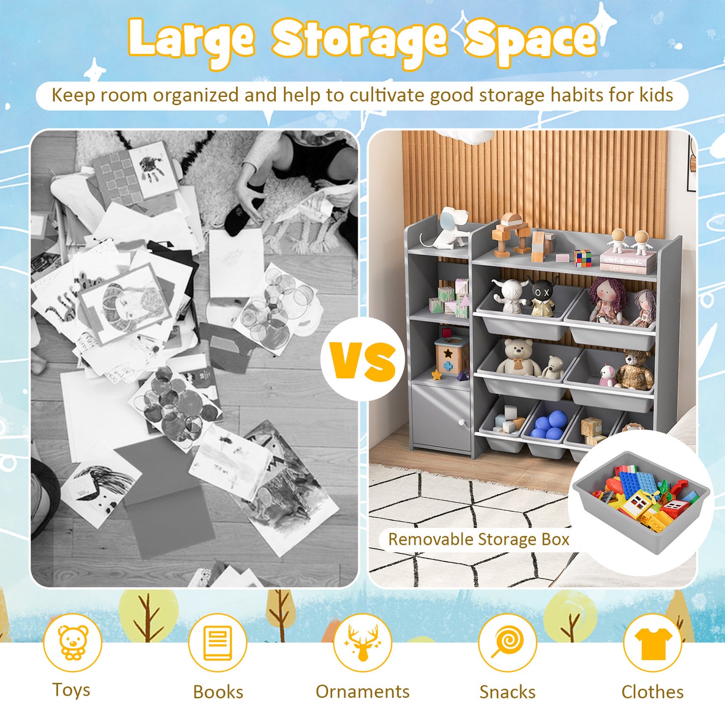 4-Tier Kids Bookshelf and Toy Storage Rack with 8 Toy Organizer Bins-Grey Kids Crystal