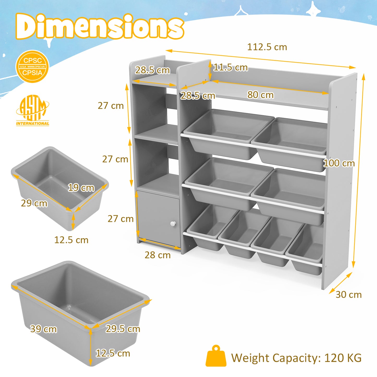 4-Tier Kids Bookshelf and Toy Storage Rack with 8 Toy Organizer Bins-Grey Kids Crystal