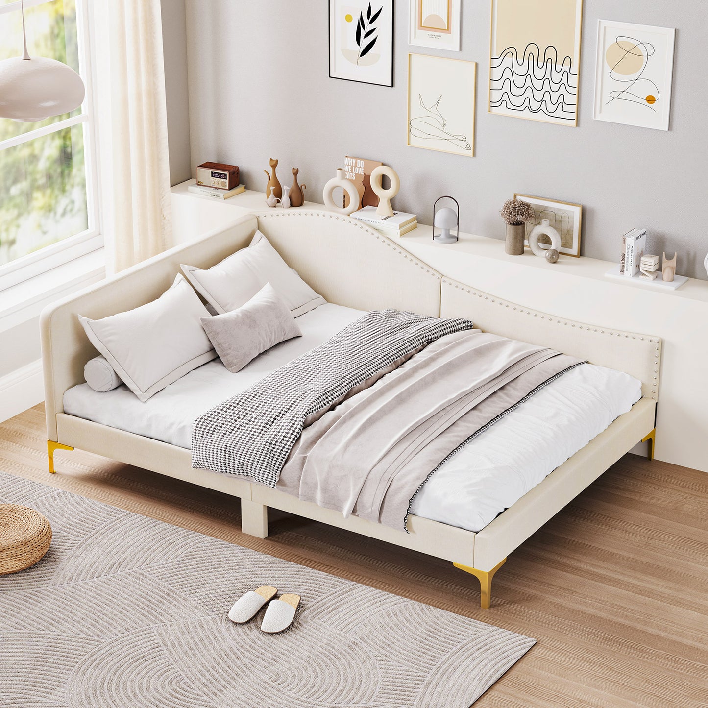 Full/Twin Size Upholstered Daybed with Metal Legs and Wood Slats-Full Size Kids Crystal