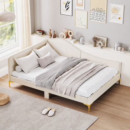Full/Twin Size Upholstered Daybed with Metal Legs and Wood Slats-Full Size