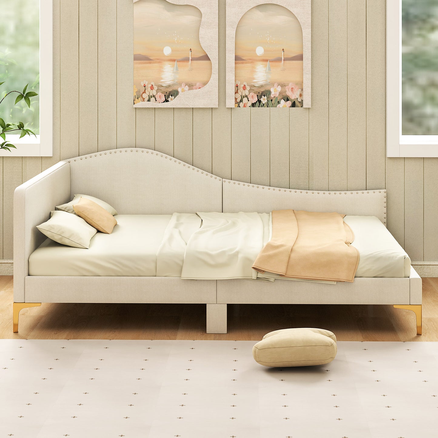 Full/Twin Size Upholstered Daybed with Metal Legs and Wood Slats-Full Size Kids Crystal