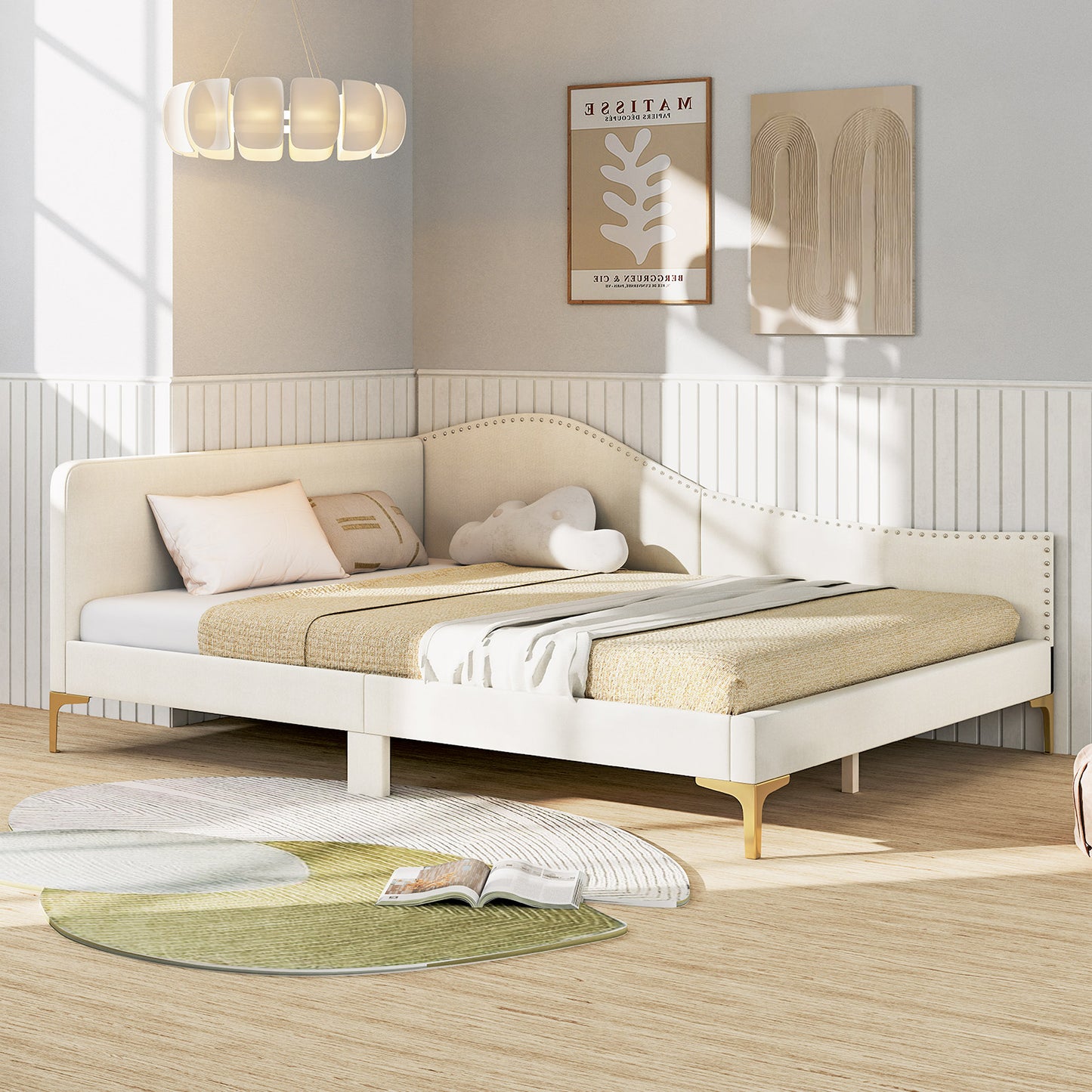 Full/Twin Size Upholstered Daybed with Metal Legs and Wood Slats-Full Size Kids Crystal