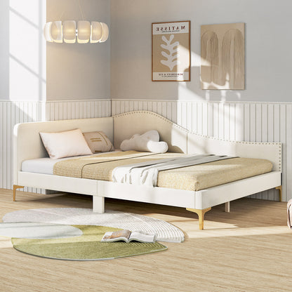 Full/Twin Size Upholstered Daybed with Metal Legs and Wood Slats-Full Size