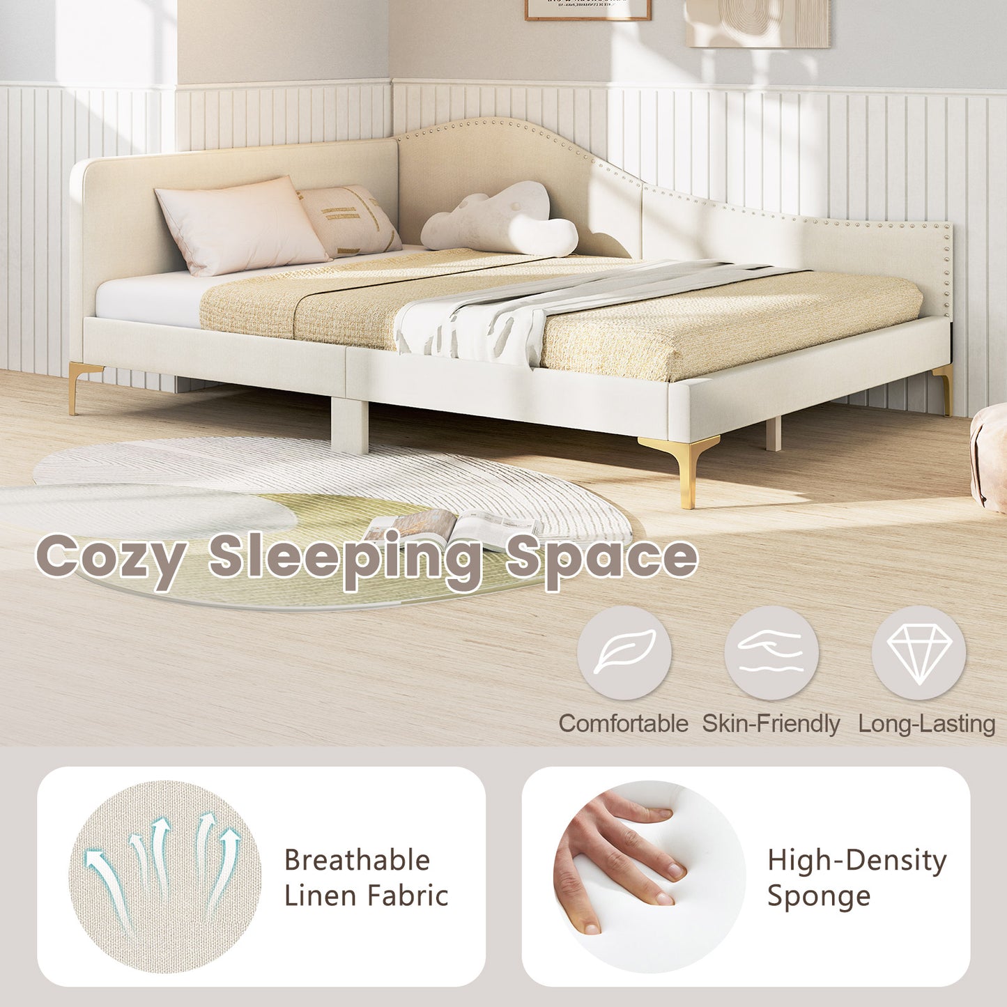 Full/Twin Size Upholstered Daybed with Metal Legs and Wood Slats-Full Size Kids Crystal