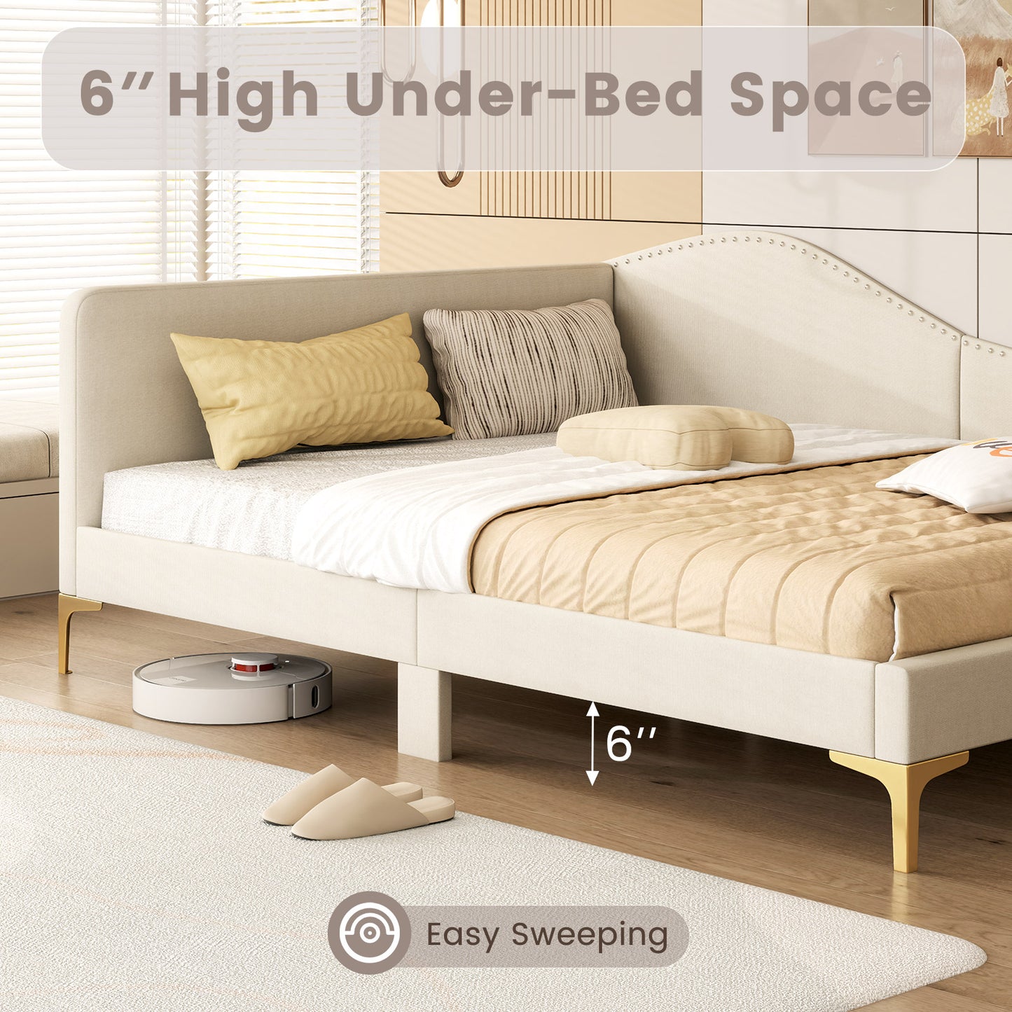 Full/Twin Size Upholstered Daybed with Metal Legs and Wood Slats-Full Size Kids Crystal