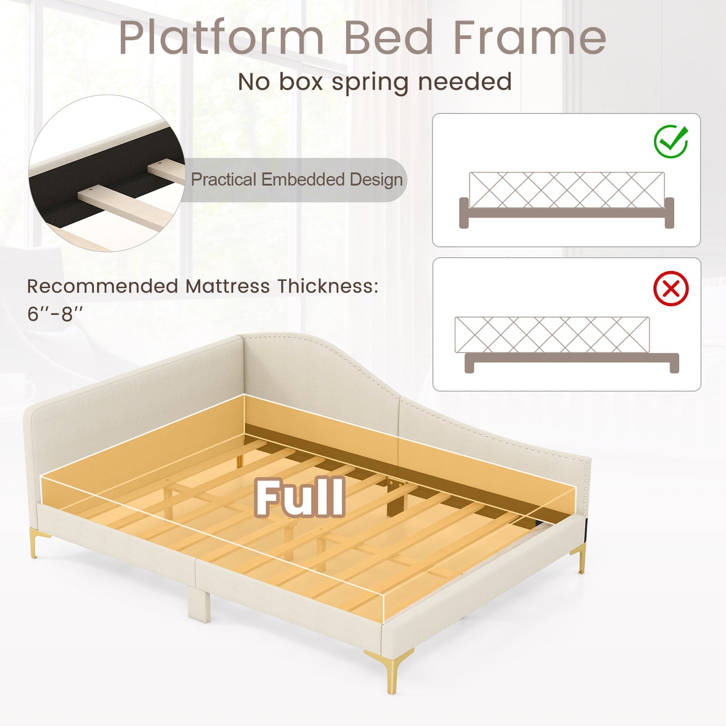 Full/Twin Size Upholstered Daybed with Metal Legs and Wood Slats-Full Size Kids Crystal