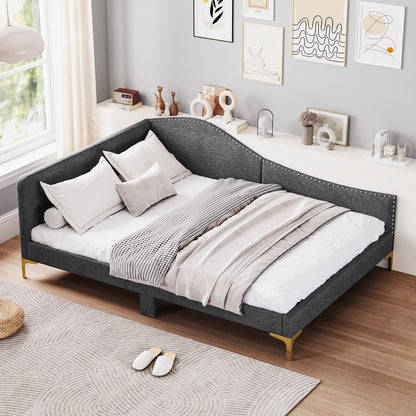 Full/Twin Size Rivet-Tufted Platform Bed with Metal Legs and Wood Slats-Full Size
