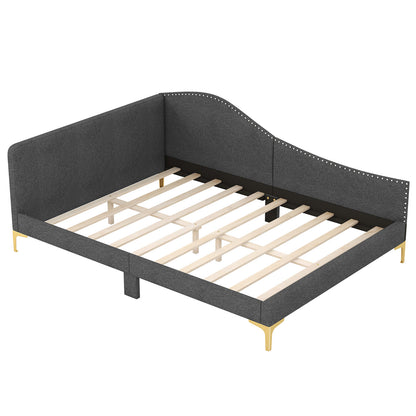 Full/Twin Size Rivet-Tufted Platform Bed with Metal Legs and Wood Slats-Full Size